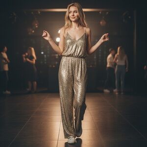 Free People Champagne Gold Metallic Sequin Sleeveless Racerback Jumpsuit Sz XS